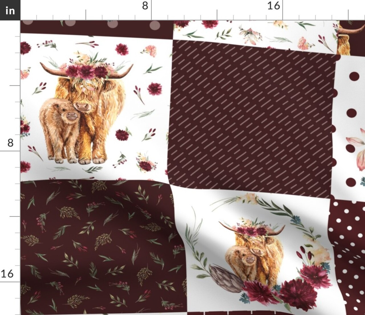 Highland Cow Scottish Shaggy Floral Baby Calf Cattle Custom Printed Fabric by Spoonflower Various Fabrics by the Yard or Fat Quarter